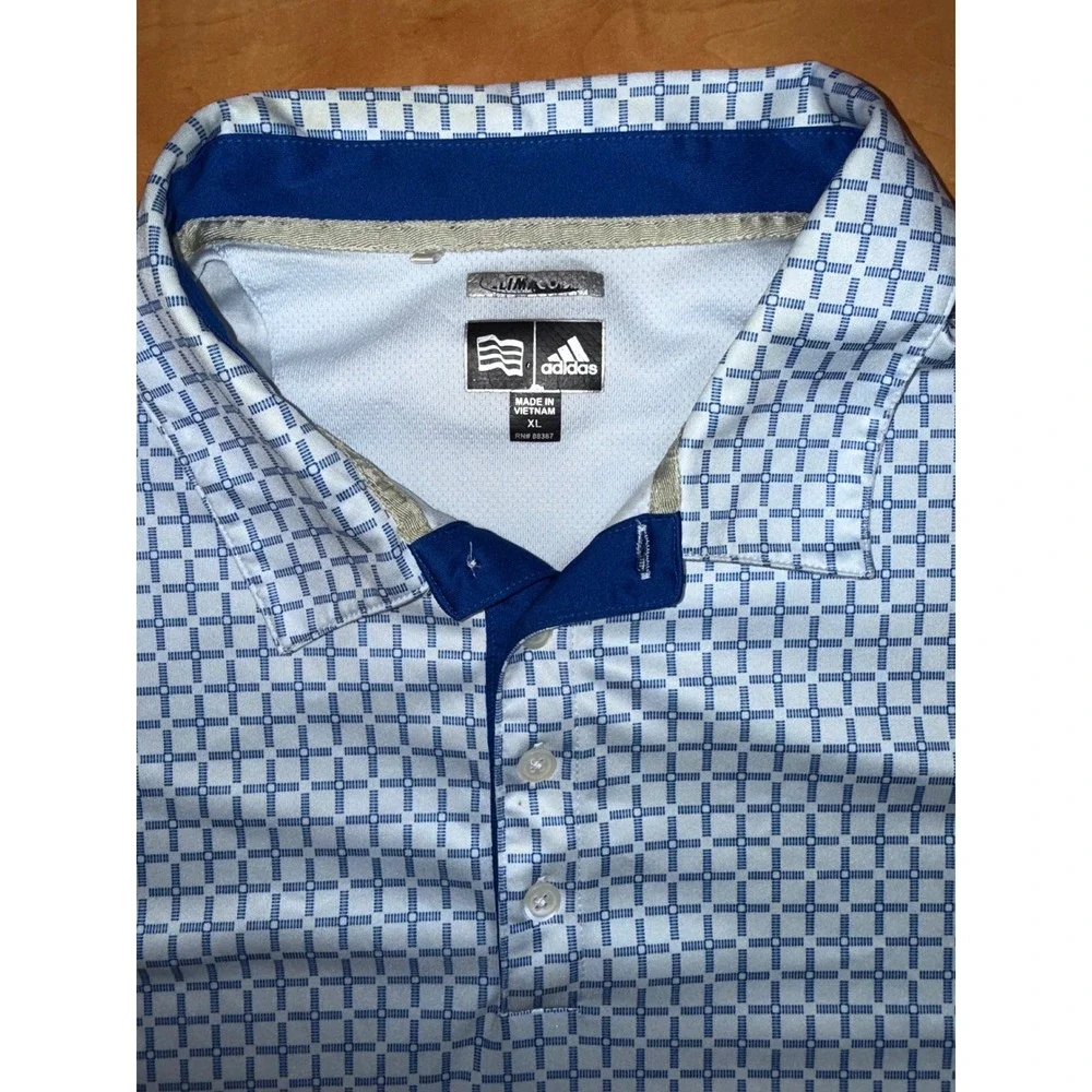 Adidas ClimaCool Mens XL Golf Polo Shirt Blue White Geometric Grid Performance